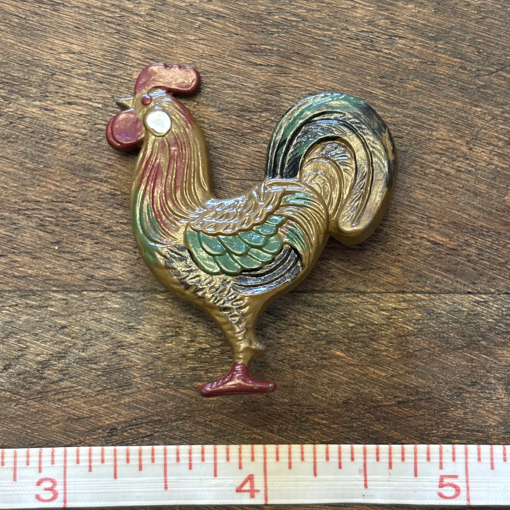 Faux Enamel Farm Rooster Chicken Brooch Gold Tone